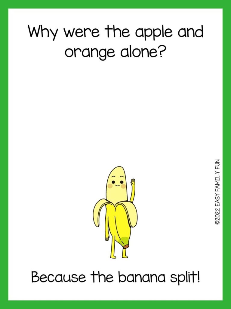 green bordered image with a banana riddle on it along with a cartoon banana