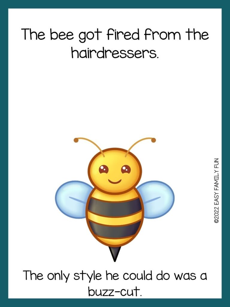 blue border image with white background with cartoon bee image and Bee trivia joke on it 