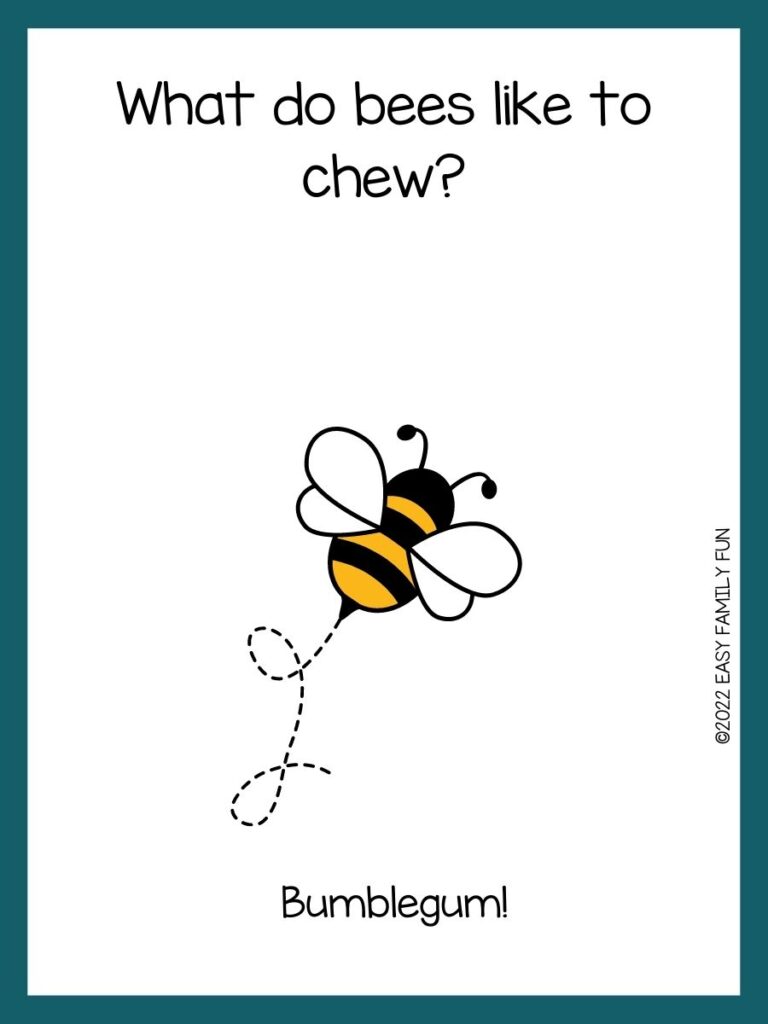 blue border image with white background with cartoon bee image and Bee trivia joke on it 