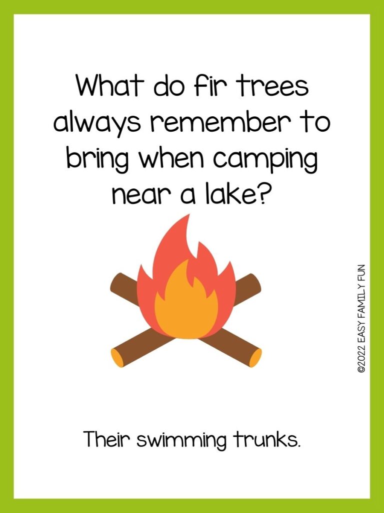 Green bordered image with trivia joke on it 
Q: What do fir trees always remember to bring when camping near a lake?

A: Their swimming trunks.