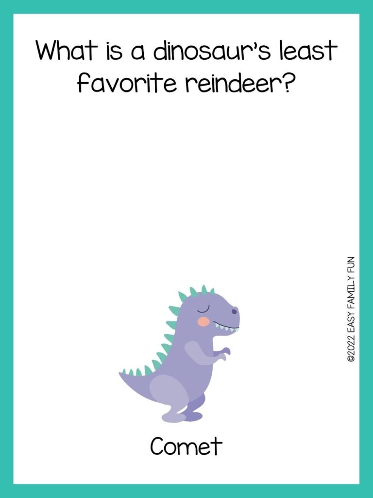 A Teal bordered image with a dinosaur themed joke on it with an image of a dinosaur