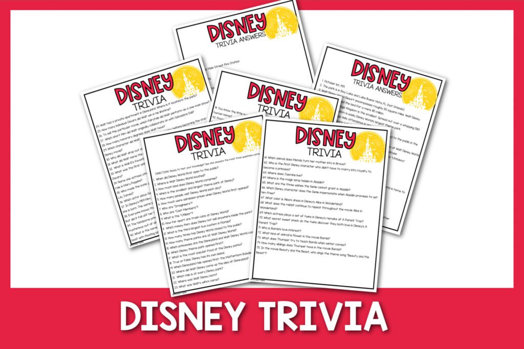 red border with Disney trivia questions PDFs
