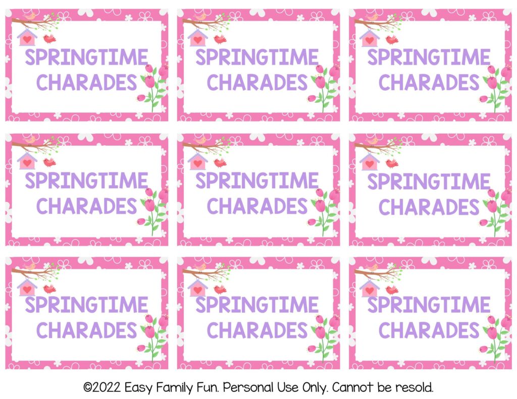 Springtime charade cards with pink and purple bird house, a red bird, and pink tulips on a white background with a pink flower border. 