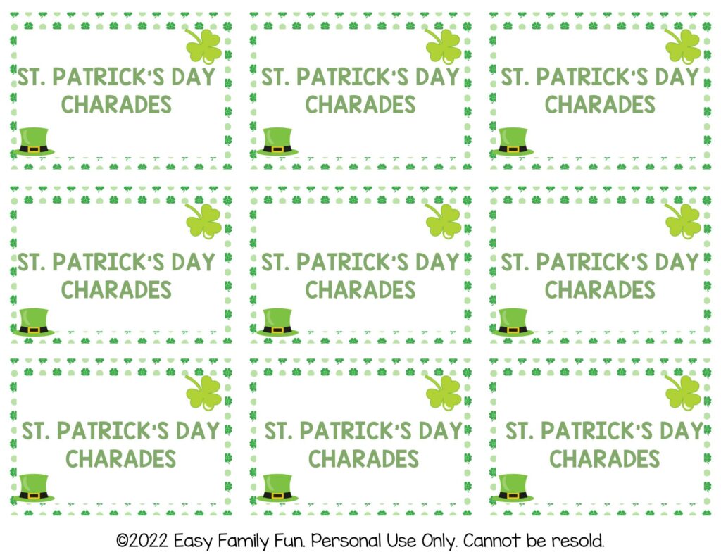 Sheet of St. Patrick's Day charade cards with shamrock and green top hats surrounded by a shamrock border.