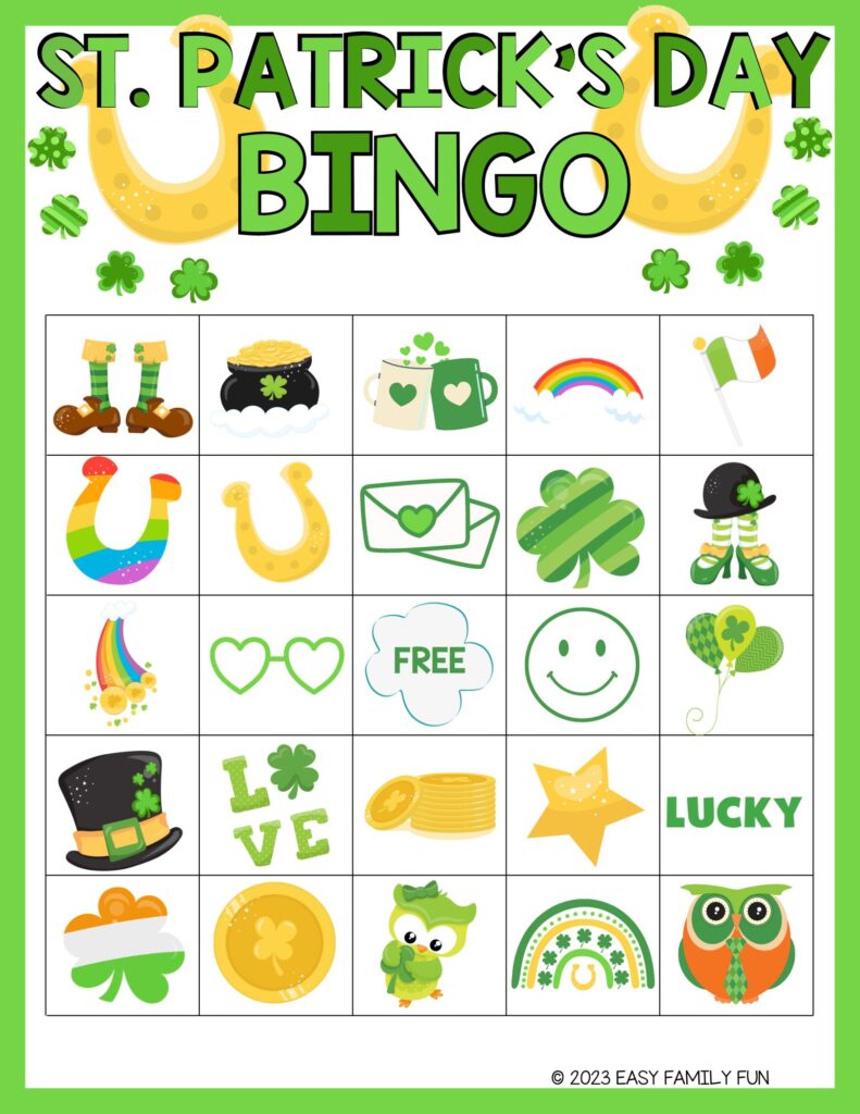 St Patrick's Bingo Card with white background and green border