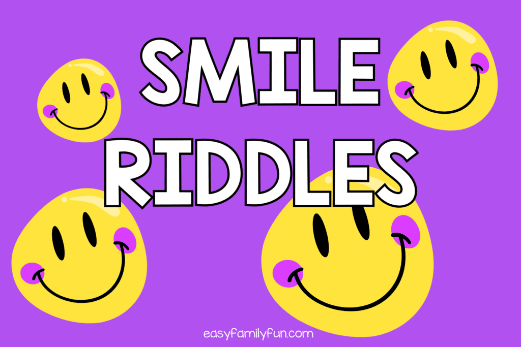 Yellow smiley faces on purple background with white text "smile riddles"