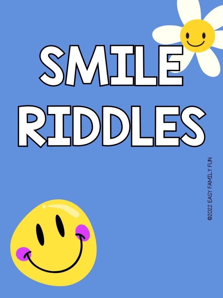 Yellow smiley face with white daisy flower on blue background with white text "smile riddles"