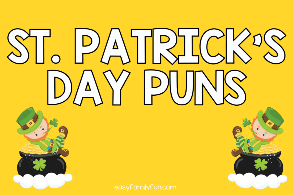 2 leprechauns in a pot of gold with yellow background with white text "St. Patrick's Day puns"