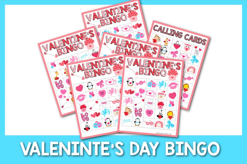 blue border with white text "Valentine's Day bingo" with Valentine's Day bingo games
