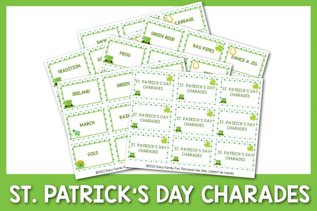St. Patrick's Day charade cards on a white background with a green border. 