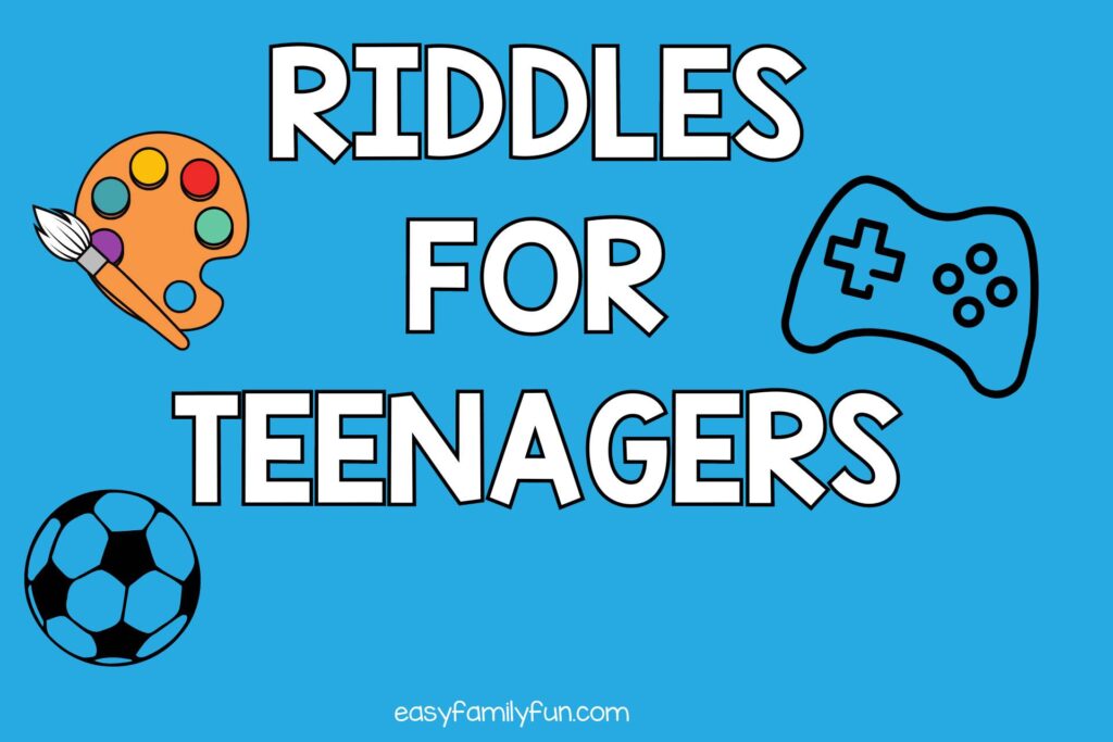 a paintbrush, art pallet, soccer ball, and game controller on a blue background with white text "riddles for teenagers" 