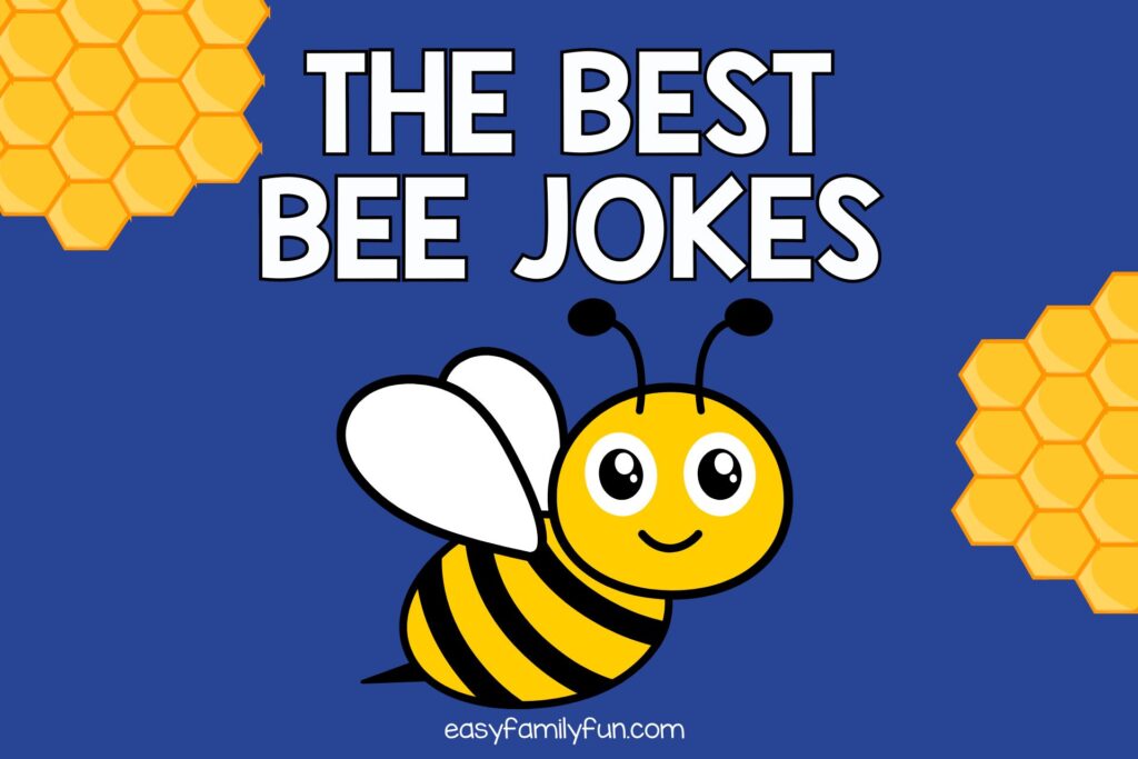Blue background with White text that reads Bee Jokes with an image of a cartoon bee on it
