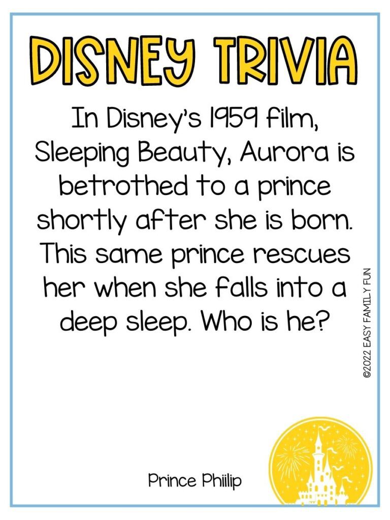 yellow disney castle on white background with blue border with Disney trivia question.