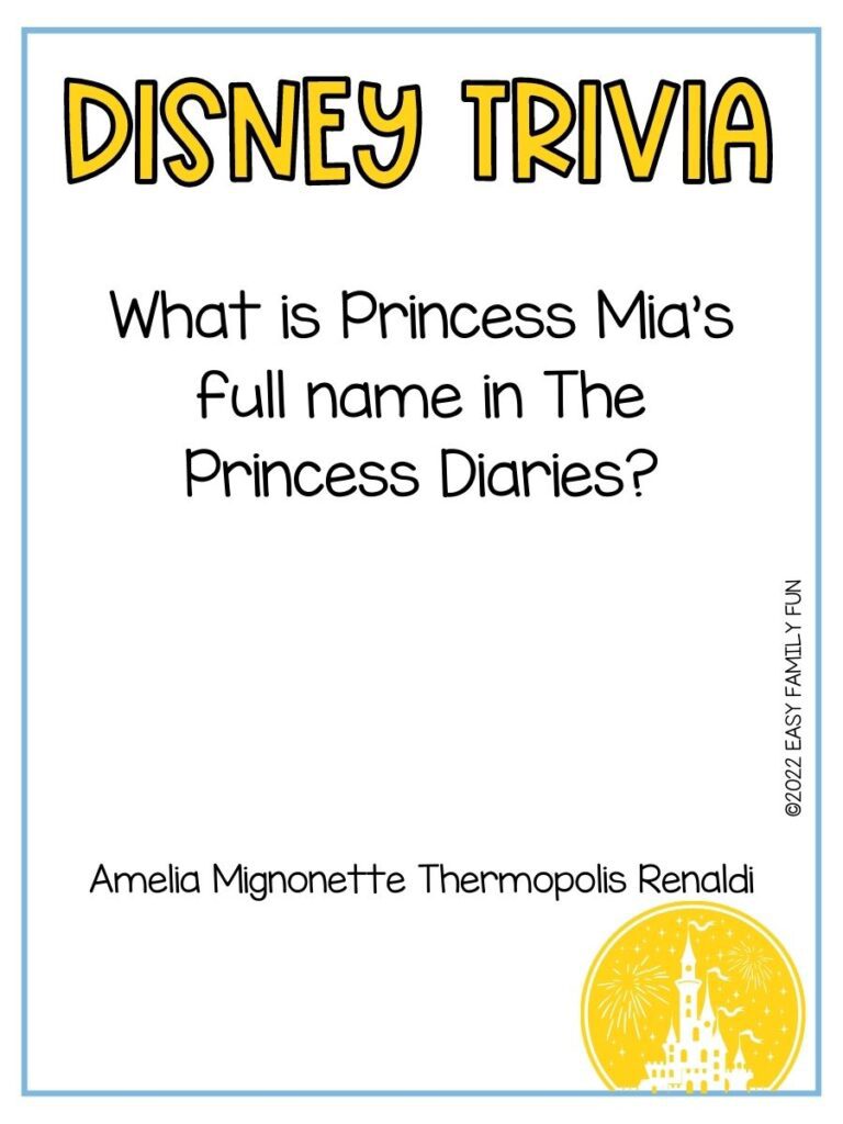 yellow disney castle on white background with blue border with Disney trivia question.