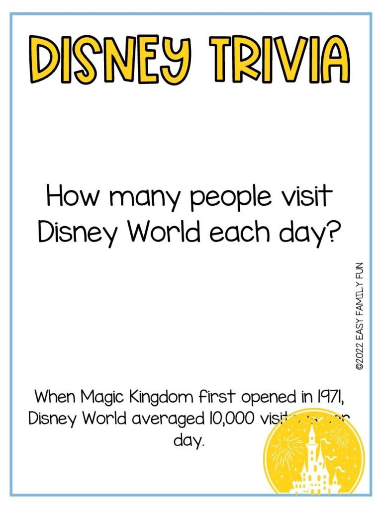 yellow disney castle on white background with blue border  with Disney trivia question.