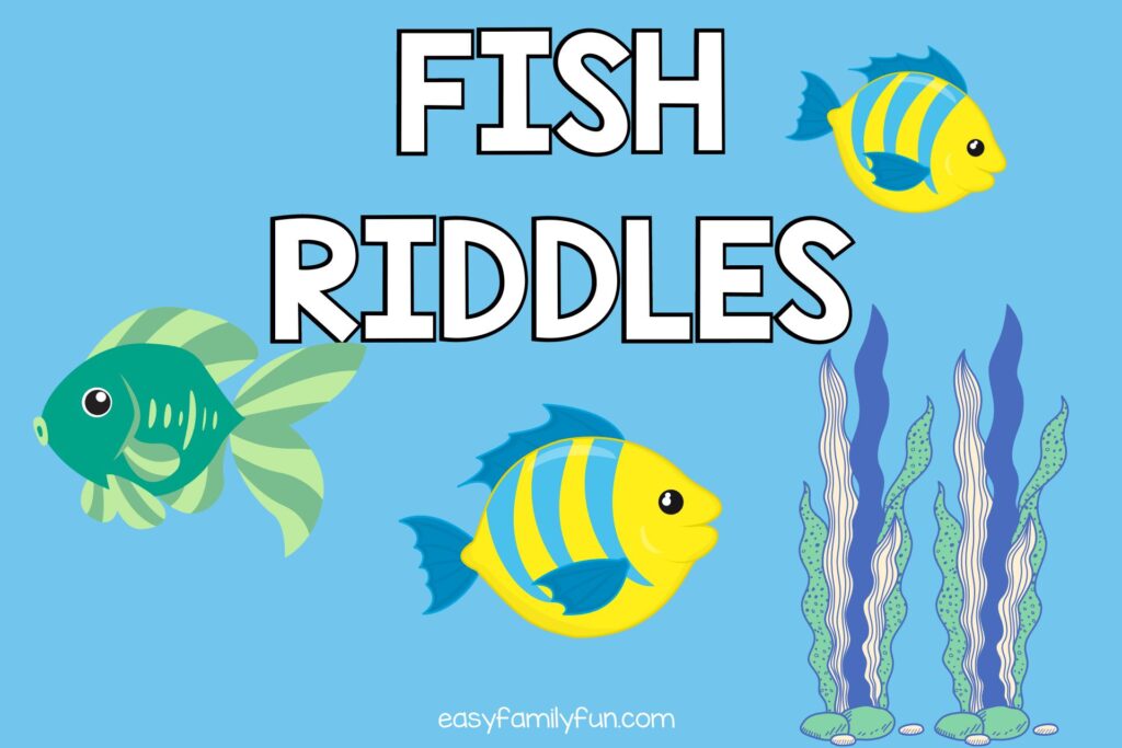 yellow, green, and blue fish on blue background with white text "fish riddles"