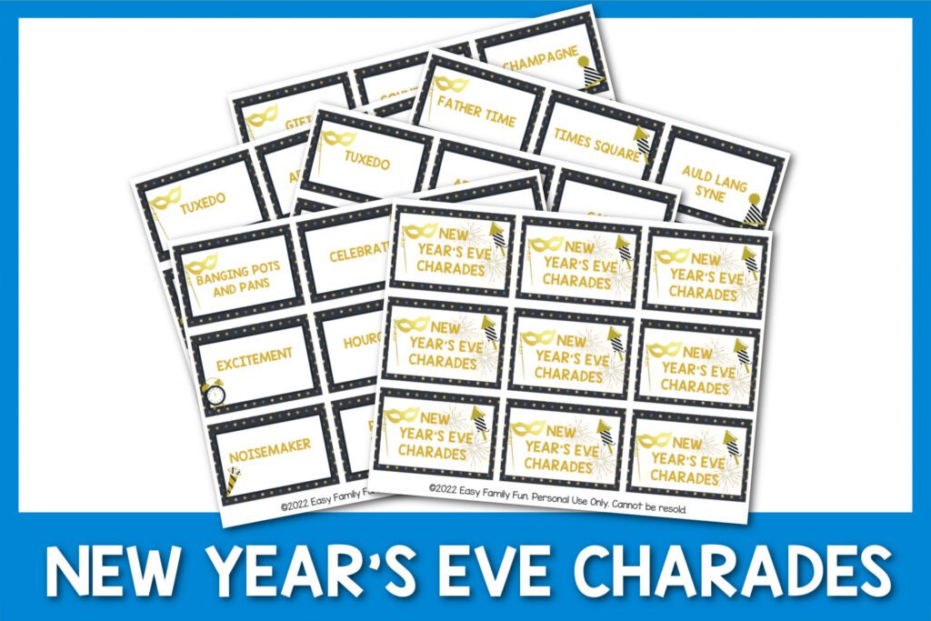 blue border with white text "New Year's Eve charades" with 5 images of the backside of the charades cards and one with the front of the cover. 
