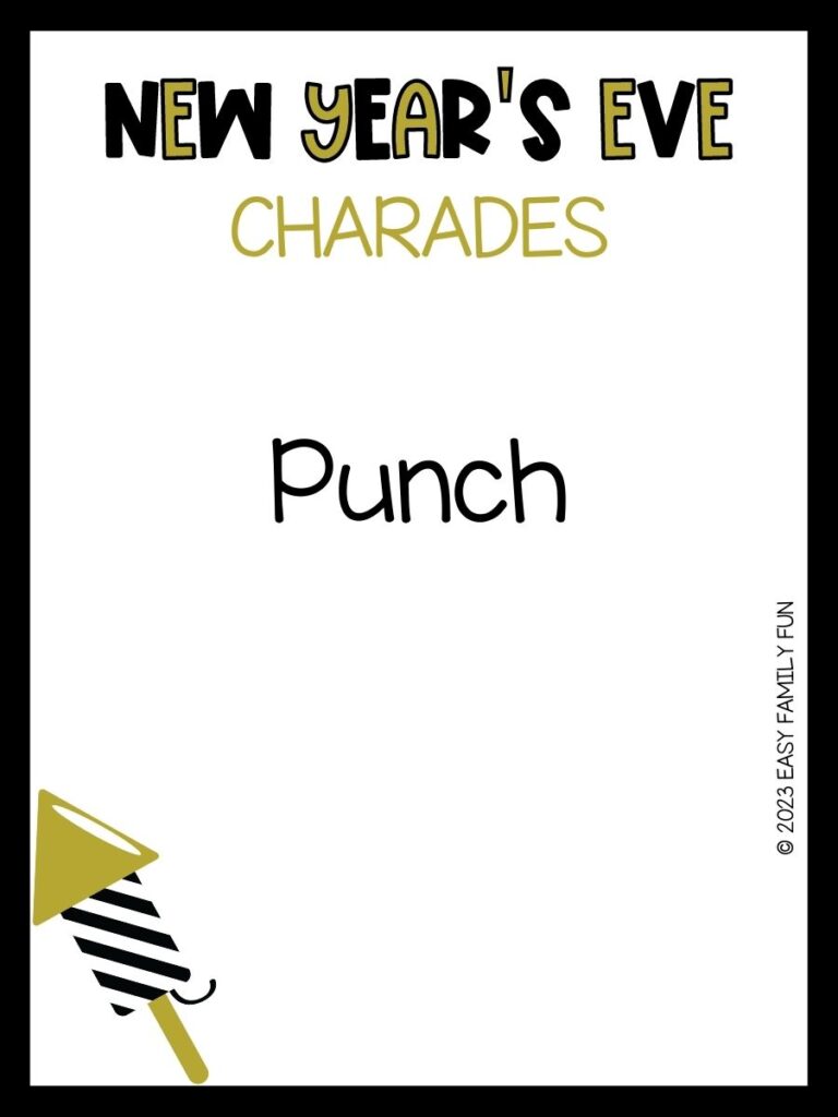 black border with New Years eve decor with "New Years Eve charades" written in black and gold with a clue in the middle. 