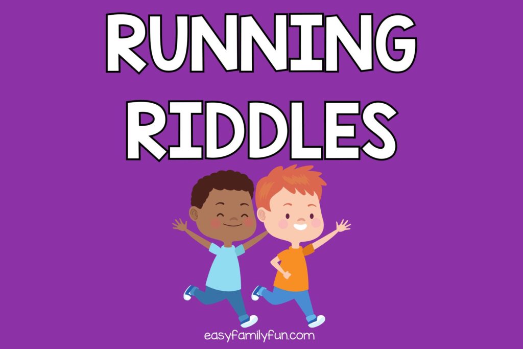 Two boys running on purple background with white text "running riddles"
