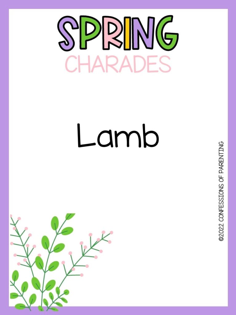 spring charade idea in black font with purple border with pink flower in bottom left corner. At the top, Spring Charades written in spring colors