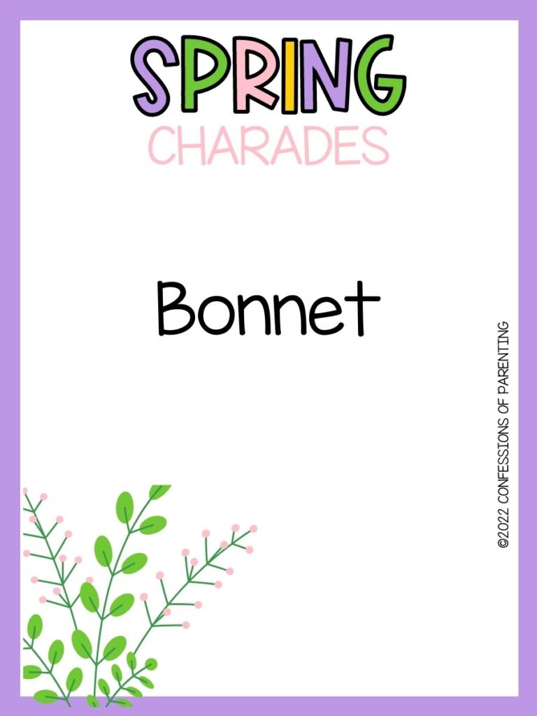 spring charade idea in black font with purple border with pink flower in bottom left corner. At the top, Spring Charades written in spring colors