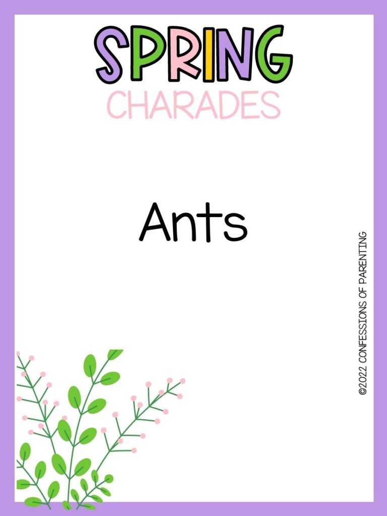 spring charade idea in black font with purple border with pink flower in bottom left corner. At the top, Spring Charades written in spring colors