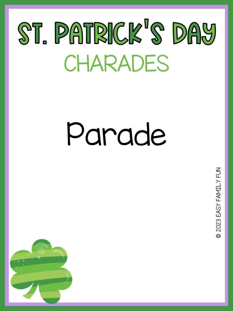 St. Patrick's Day charades clue in black with green and purple border with shamrock in left corner