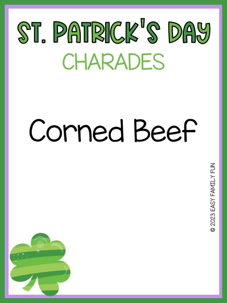 St. Patrick's Day charades clue in black with green and purple border with shamrock in left corner