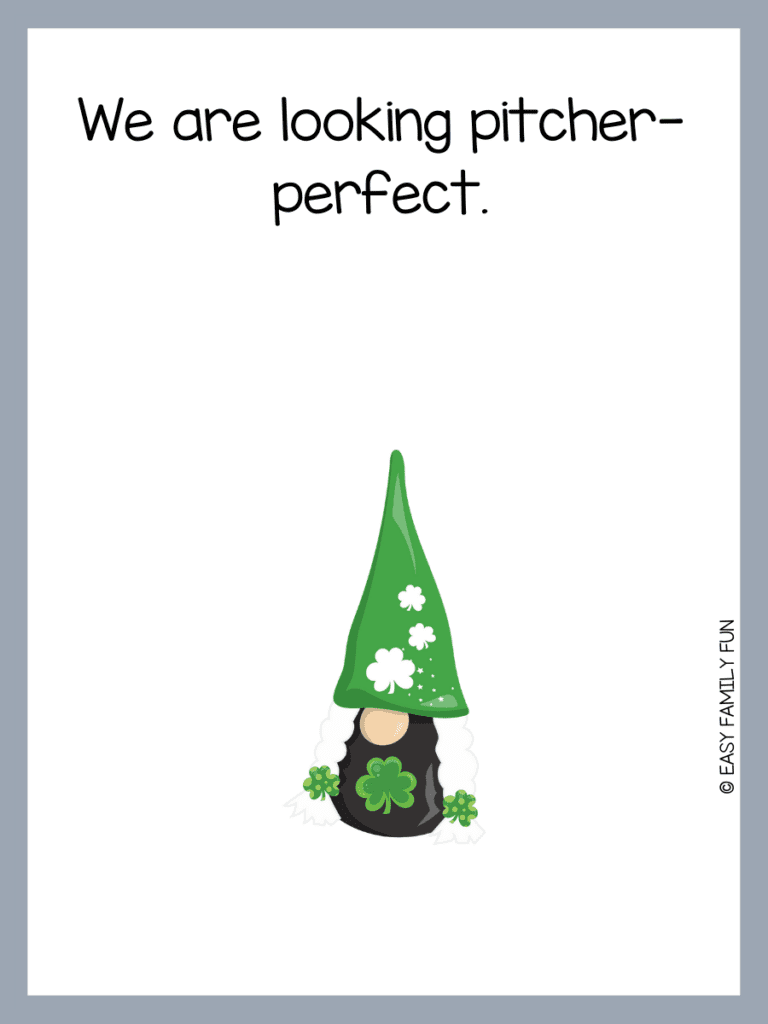 green gnome with gray border with pun