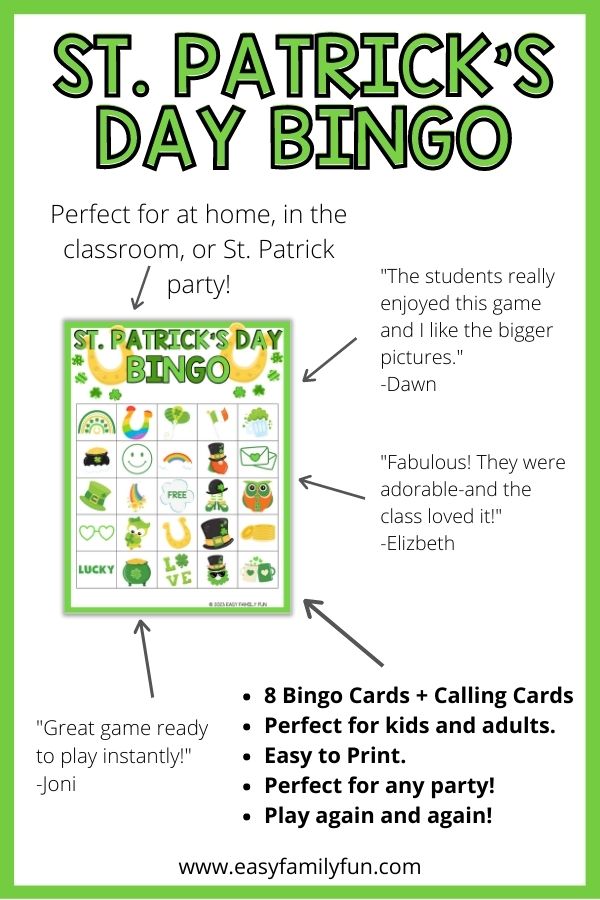 St Patrick's Bingo Card on White Background with Green Border