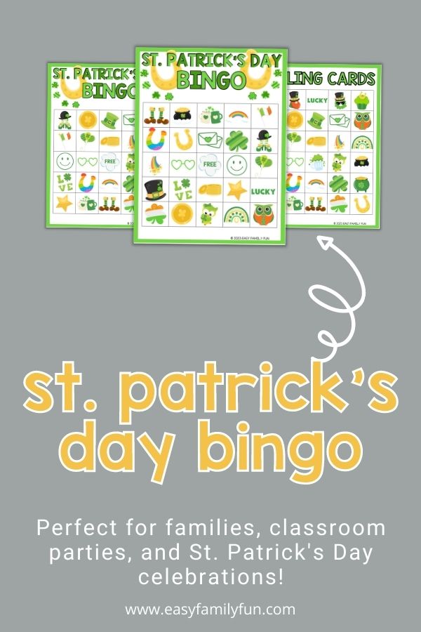 white and green st patrick's day bingo cards on gray background