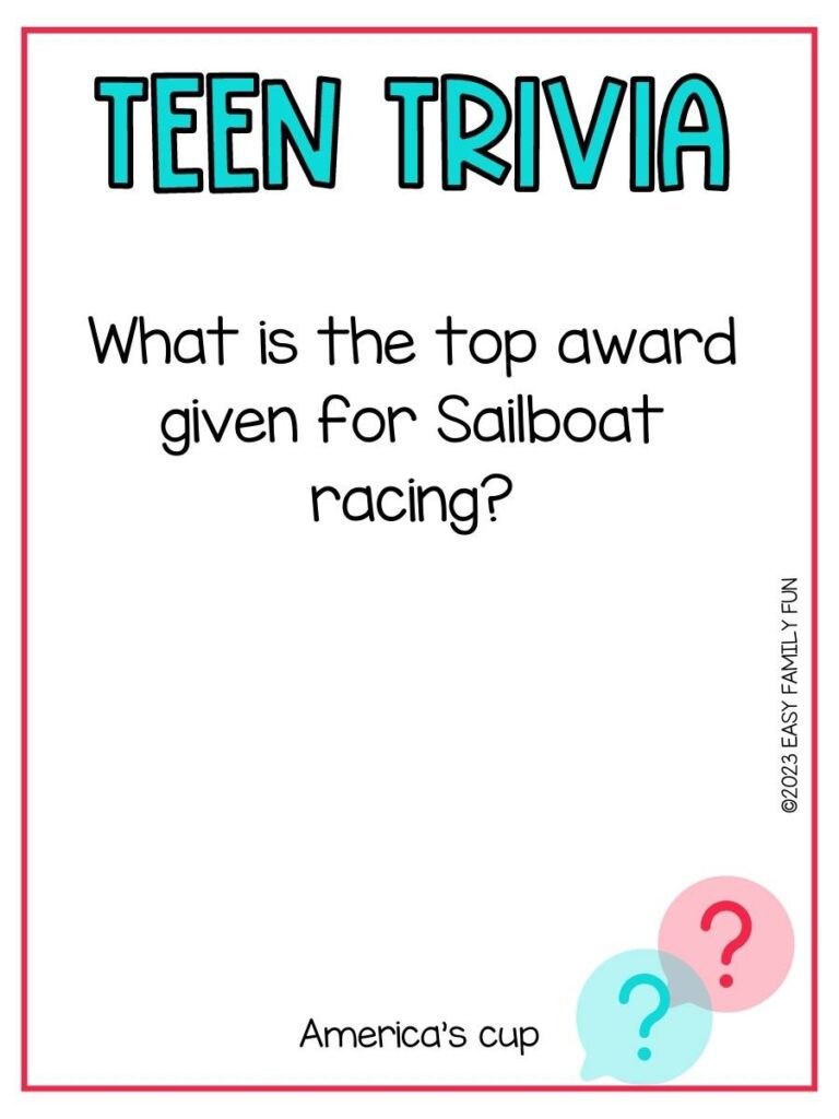 White background with teal colored title, a pink circle with a red question mark, a light teal circle with a dark teal question mark, and trivia question and answer. 