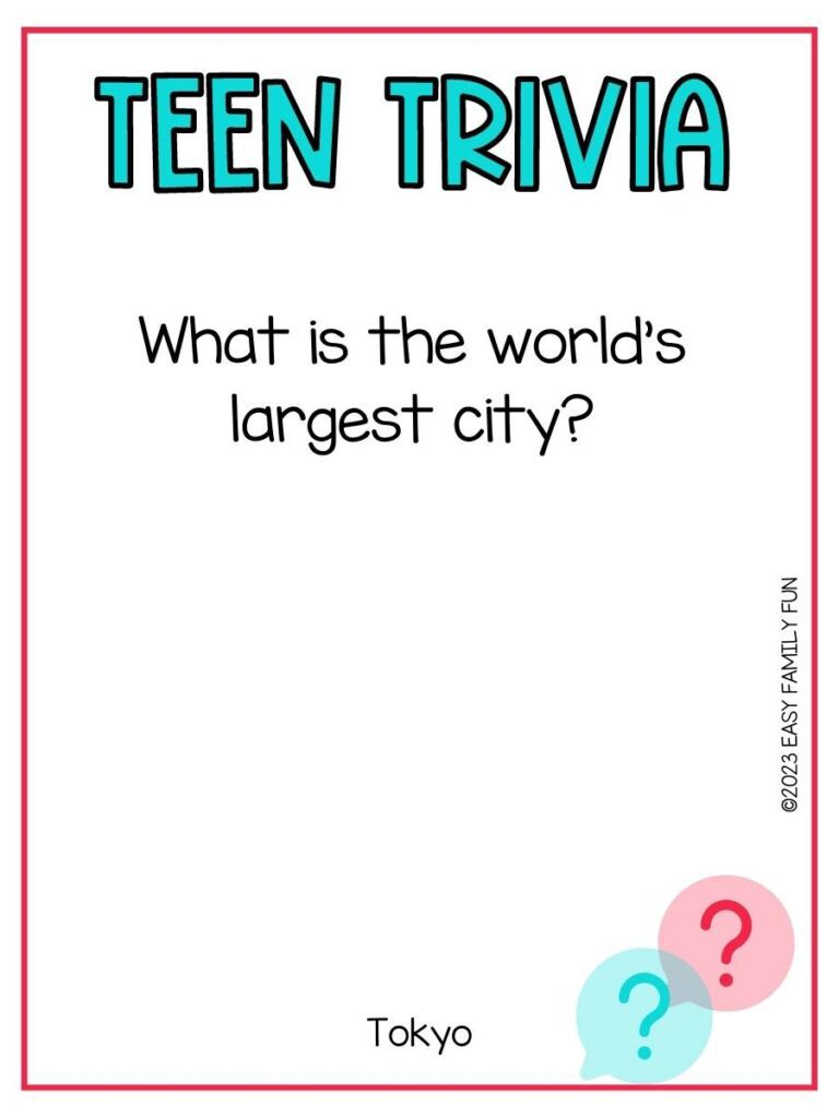 White background with teal colored title, a pink circle with a red question mark, a light teal circle with a dark teal question mark, and trivia question and answer. 