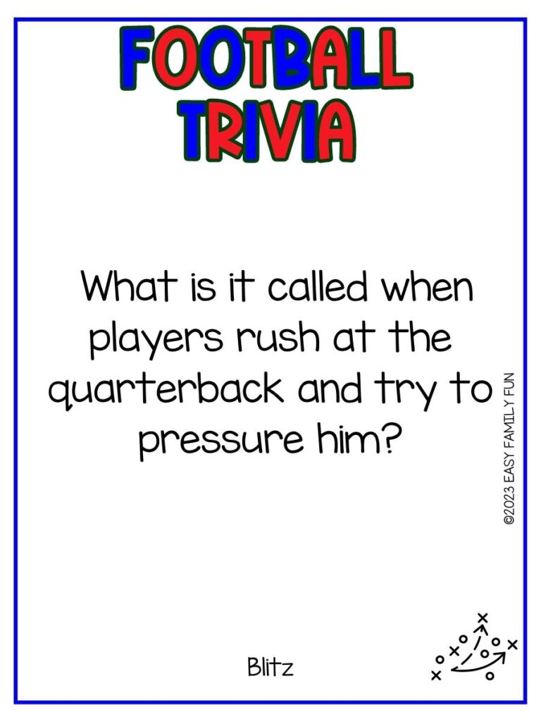 White background, blue and red letters with football trivia question and answer. With x's and o's in the bottom right corner. 
