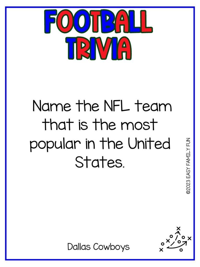 White background, blue and red letters with football trivia question and answer. With x's and o's in the bottom right corner. 