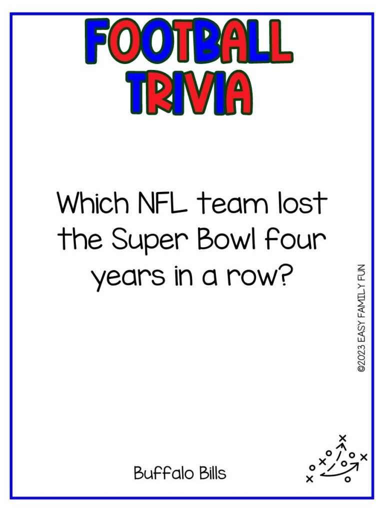 White background, blue and red letters with football trivia question and answer. With x's and o's in the bottom right corner. 