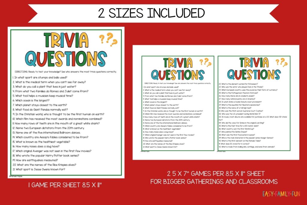 trivia question list images on red background