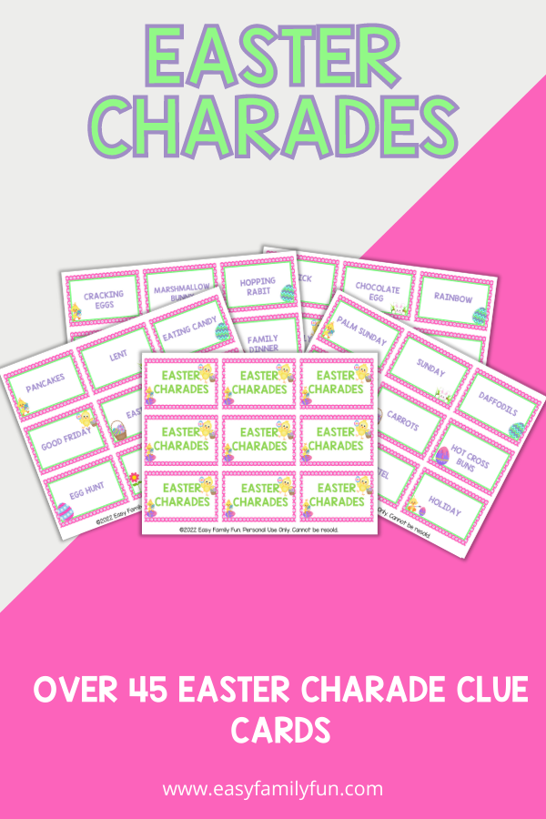 pink and white background, with images of easter charades cards and bold green letters stating "Easter Charades"