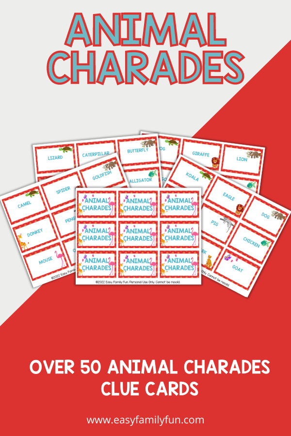 red and white background, with images of animal charades cards and bold teal text that states "Animal Charades" 