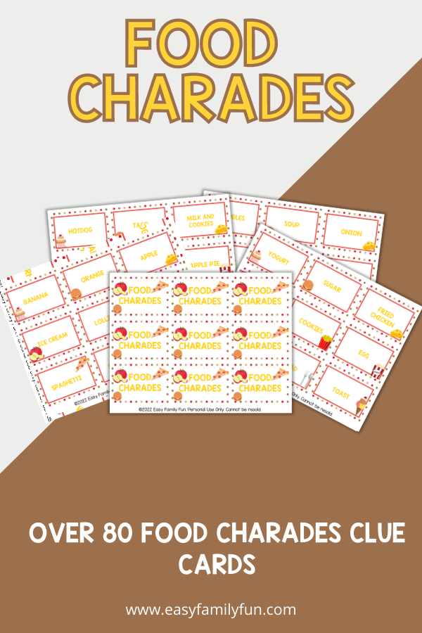 brown and grey background, with images of food charades cards and bold white text stating "Food Charades"