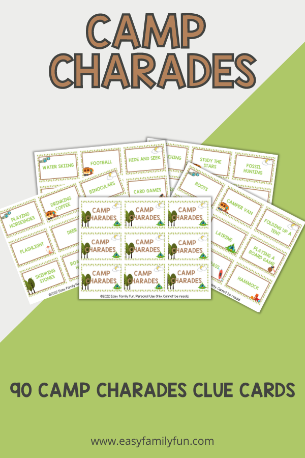 green and grey background, with images of camp charades cards and bold white text stating "Camp Charades"