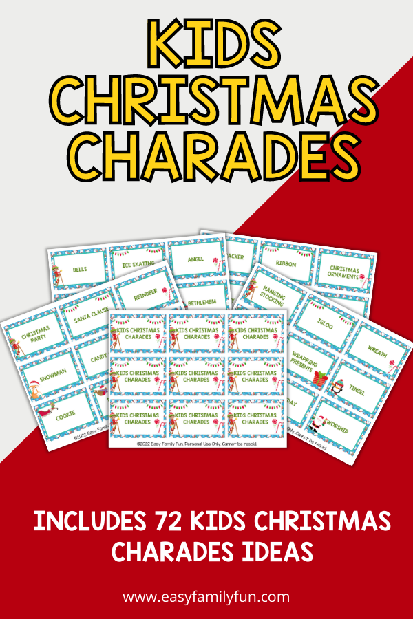 red and white background, with images of christmas charades cards