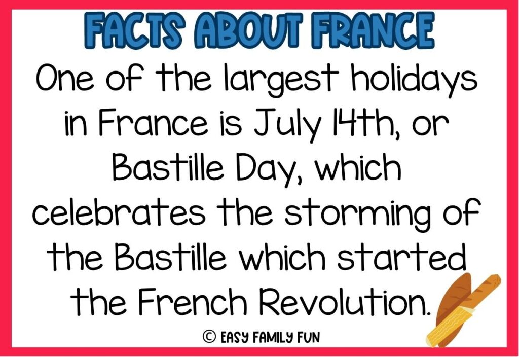 Graphic of French bread with red border and France fact for kids.