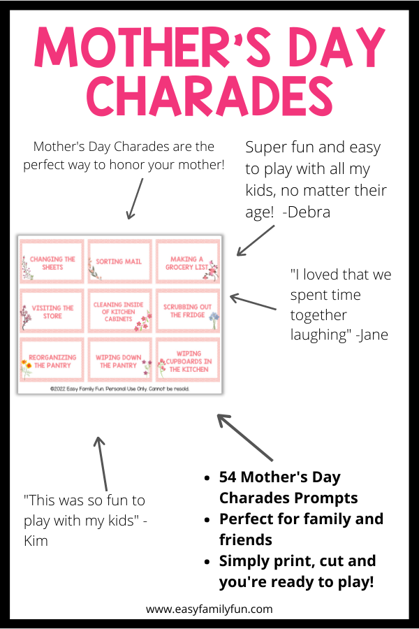 black border with white background, with images of mother's day charades cards