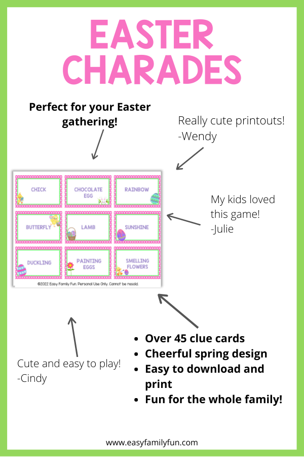 green border with white background, with images of easter charades cards and reviews of the game