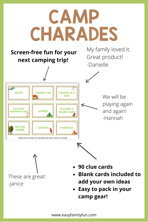 green border with white background, with images of camp charades cards and reviews of the game