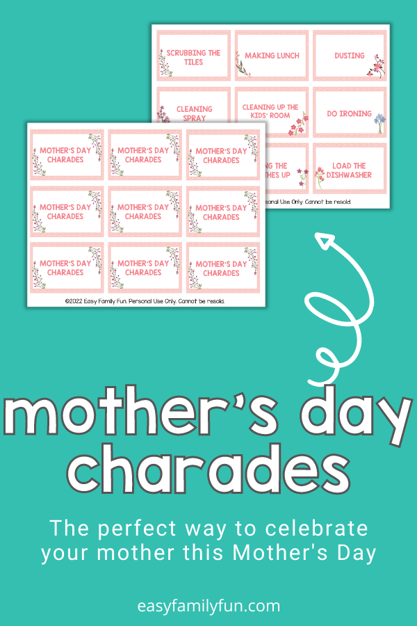 teal background, with images of mother's day charades cards