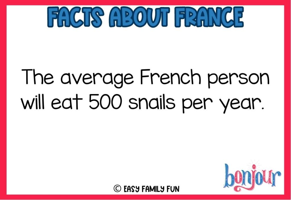 Bonjour in red and blue lettering with red border and France fact for kids.