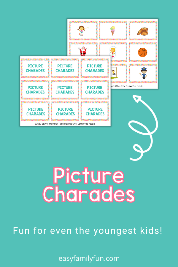 teal background, with images of picture charades cards