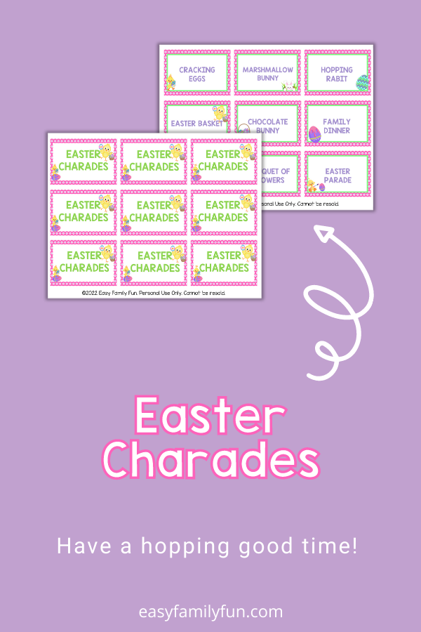 purple background, with images of easter charades cards and bold white letters stating "Easter Charades"